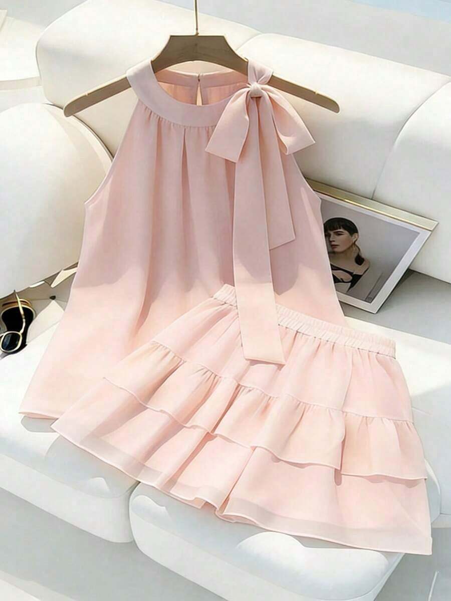 Conjunto de blusa sin mangas con nudo delantero y falda con volantes y dobladillo en capas, conjunto de verano casual de resort, set en color rosa - Rosa Pálido - Ver 1