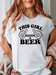 1 Piece Of Women's Oversized Graphic Tee, With A Fun Print "This Girl Needs A Beer", Casual Loose Fit, Short Sleeve, Round Neck, Cotton Blend, Long Tunic Style With Dropped Shoulders, Ideal For Parties, Bar Nights And Casual Outfits, 180g 100% Cotton. - 白色 - 查看 8