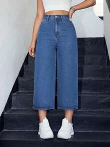 Jeans de pierna ancha recortado - Azul - Ver 2