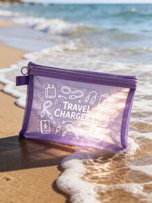 網格化妝包印有「Travel Charger」字母圖案，旅行網格盥洗包，夏季度假必備。便攜式化妝品收納包，多功能收納包，電子設備收納，數據線收納，適用於度假、辦公室、購物、酒店、返校禮物、生日禮物、旅行配件、教師節禮物、婚禮配件 - 彩色 - 查看 9