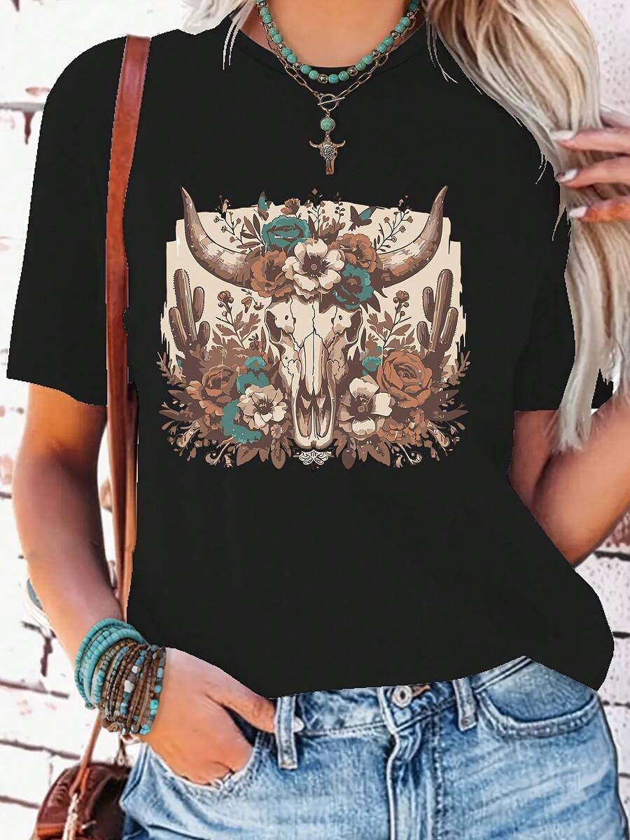 Women's Essential Casual T-Shirt With Western Style Cow Head Print, Short Sleeve Casual Top With Round Neck, Suitable For All Seasons - Regular Fit, Soft Cotton For Everyday Wear. - 黑色 - 查看 1