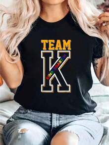 Team K Daycare Teachers And Students Back To School Print T-Shirt, Casual Short Sleeve Crew Neck T-Shirt, Comfortable For Spring And Summer, Women's Clothing. - 黑色 - 查看 6