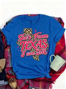 Mexican, She's From Texas, I Can Tell, Retro Vintage Texas Girl T-Shirt, Casual Summer Graphic Tee For Women,  Summer Cotton T-Shirt. - 藍色 - 查看 10