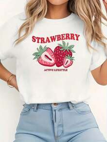 Camiseta de manga corta para mujer con estampado de fresas y alfabeto |   Cuello redondo informal, tela de alta elasticidad, corte regular, lavable a máquina para primavera/verano/otoño.blusas para mujer>ropa - Blanco - Ver 7