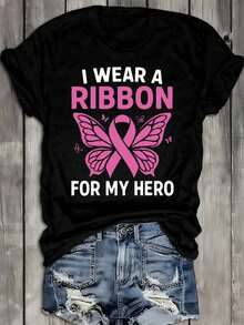 Women's Casual T-Shirt. Fun Women's T-Shirt With A Breast Cancer Awareness Ribbon, Stylish Short-Sleeved Black Print, Retro Summer Style, Comfortable Fit, Modern Print Design Suitable For All Seasons. A Must-Have For Everyday Casual Wear. - 黑色 - 查看 7