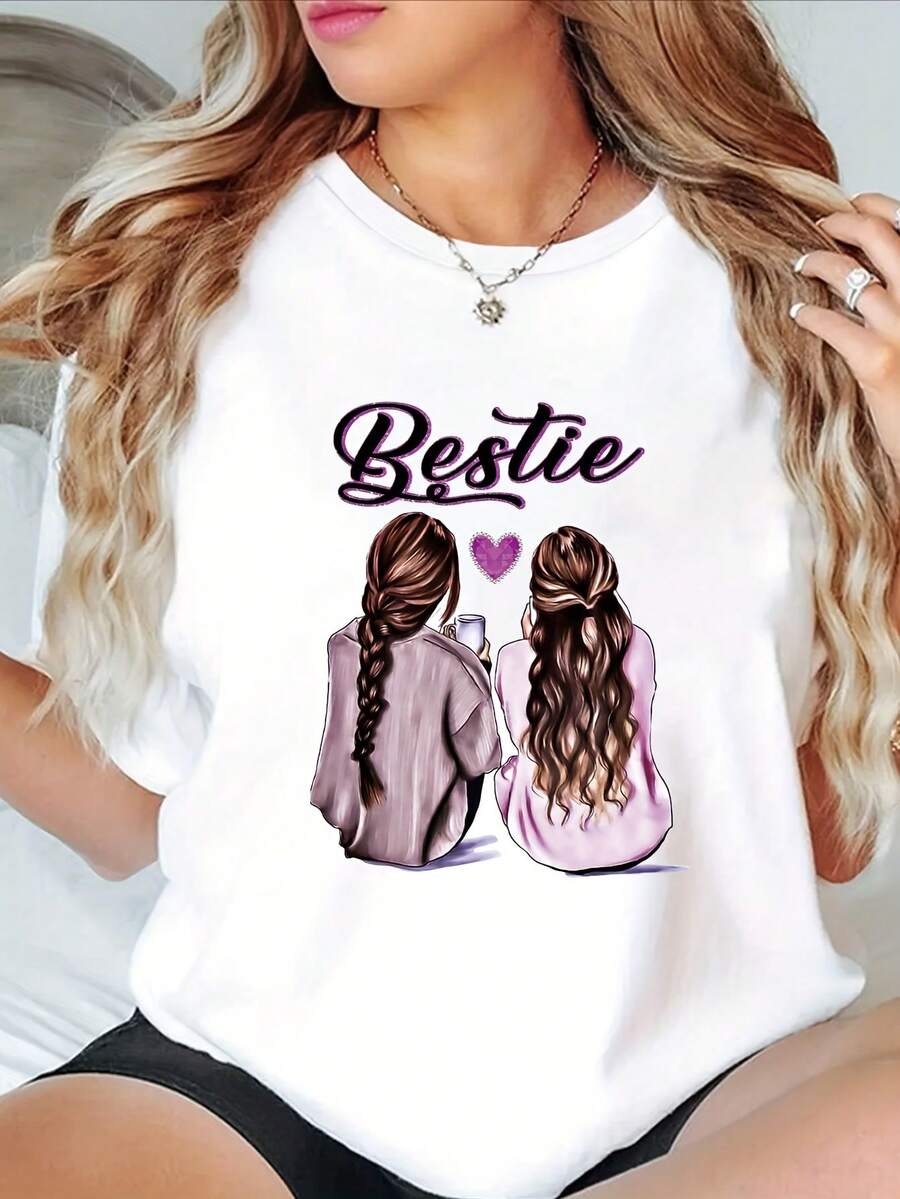 Women's Casual Short-Sleeved Top With Best Friend Pattern Design - [White] - View 1