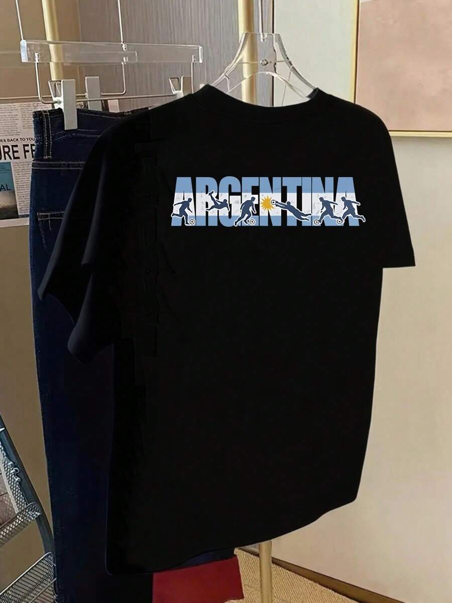 Women's Spring/Summer T-Shirt. Short-Sleeved T-Shirt With Front And Back Print - Argentina, Football Print - Women's Spring/Summer T-Shirt With A Modern Print, A Fashionable Item. Create Everyday Looks That Make You Look Slimmer. - 黑色 - 查看 1