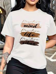 The Letter Prints With Visual Expressions Of Self-Motivation, Such As "Positive Mind," "Positive Life," And "Positive Vibes," Are Modern And Fashionable. This Simple And Versatile Women's Short-Sleeved T-Shirt With A Round Neck Is Suitable For Leisure, Travel, Vacations, And Other Activities. 2CBJ - 白色 - 查看 7