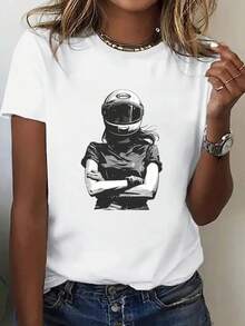 Women's Biker Graphic Print T-Shirt, Casual Round Neck Short Sleeve Summer T-Shirt, Comfortable Clothing - Urban Vintage Style, Unisex, Loose Fit Cotton Short Sleeve Round Neck T-Shirt - 白色 - 查看 6