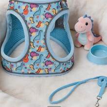 Cute Dinosaur Print Pet Harness And Leash Set, Adjustable Easy-To-Wear Cartoon Harness, Suitable For Small Dogs And Cats. Perfect For Daily Walks, Outdoor Trips And Photos, Fashionable Ins Style Pet Accessories, Perfect Gift For Pet Lovers. - Blue - View 8