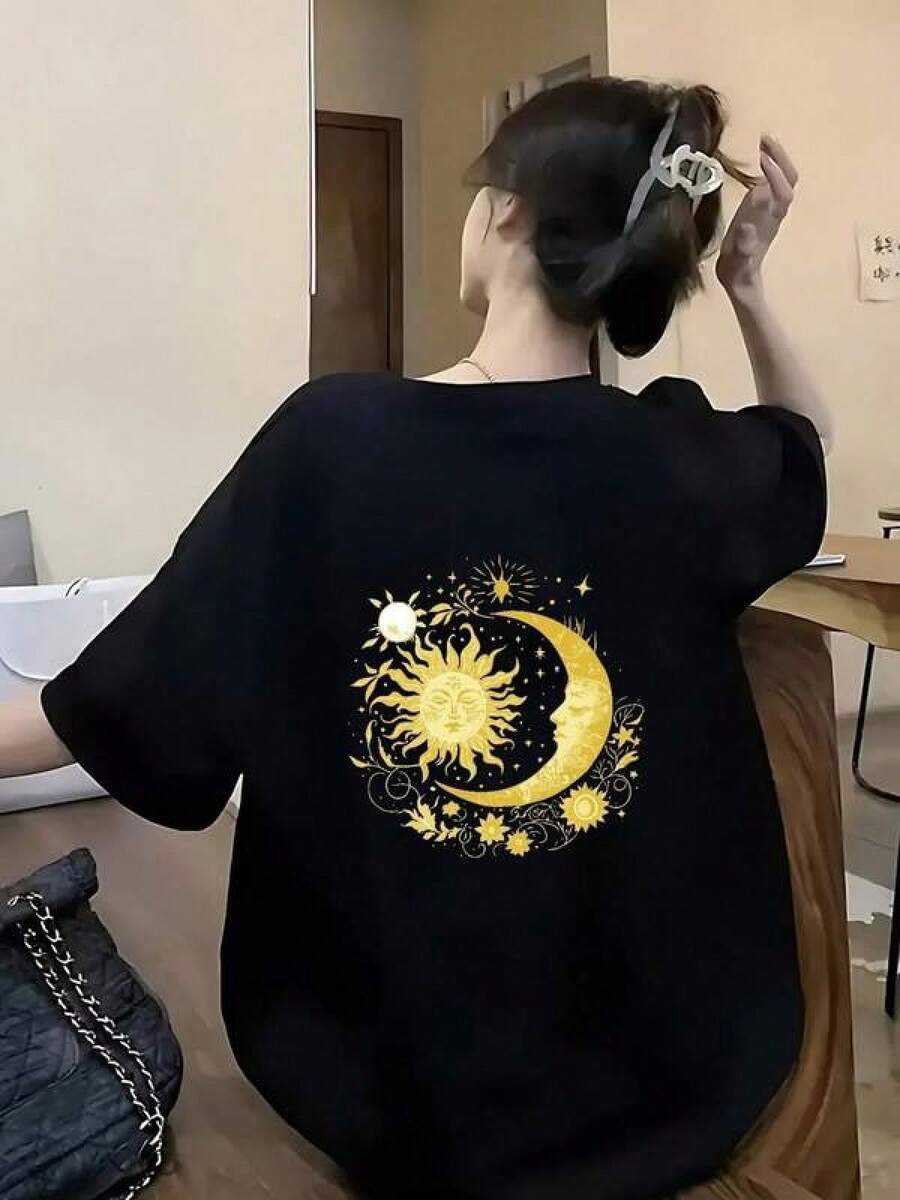 Camiseta negra informal de manga corta con cuello redondo para hombre,Camisetas Para Mujer Camiseta única estilo bohemio estampada sol y luna diseño elegante cómodo transpirable versátil casual urbano elegante para mujeres talla S negra moda - Negro - Ver 1