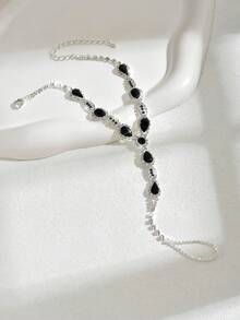 1pc Crystal Barefoot Sandal, Water Drop Crystal Connected Toe Anklet, Copper Material Foot Jewelry, Suitable For Bride Wedding, Beach Party - Silver Black - View 3
