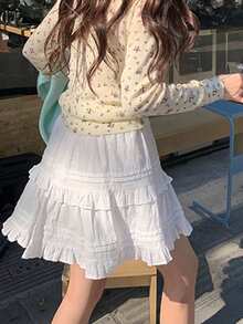 Women's Sweet Ballerina Style Ruffle High Waist A-Line Puff Mini Skirt White - White - View 6