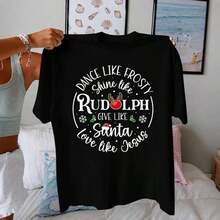 Gift - Short-Sleeved T-Shirt With Christmas-Themed Letter Print, Oversized Round Neck, Casual Women's Clothing, Suitable For Summer And Spring, Soft. - 黑色 - 查看 7