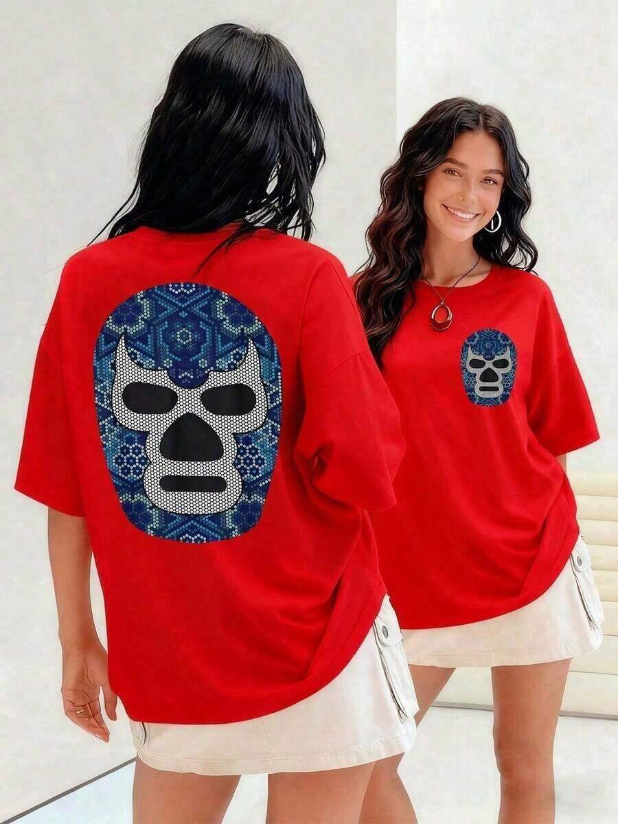 Gift: Wrestling Mask With Blue Mosaic Pattern Symbolizes Strength And Tradition. Women's T-Shirt, Made With 100% Soft And Breathable Cotton For Everyday Comfort. Santo Mask, SantoSoft Mask - 紅色的 - 查看 1