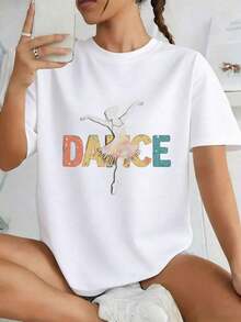 Premium Black Loose-Fitting T-Shirt Featuring A White Ballerina Silhouette And The Word "DANCE" In A Color Gradient. | Casual Crew Neck, Perfect For Dance Enthusiasts, Spring/Summer, Regular Fit, Solid Color Short-Sleeved Crew Neck T-Shirt, Versatile Basic Undergarment, Women's Summer Top. Gift Idea. - 白色 - 查看 1
