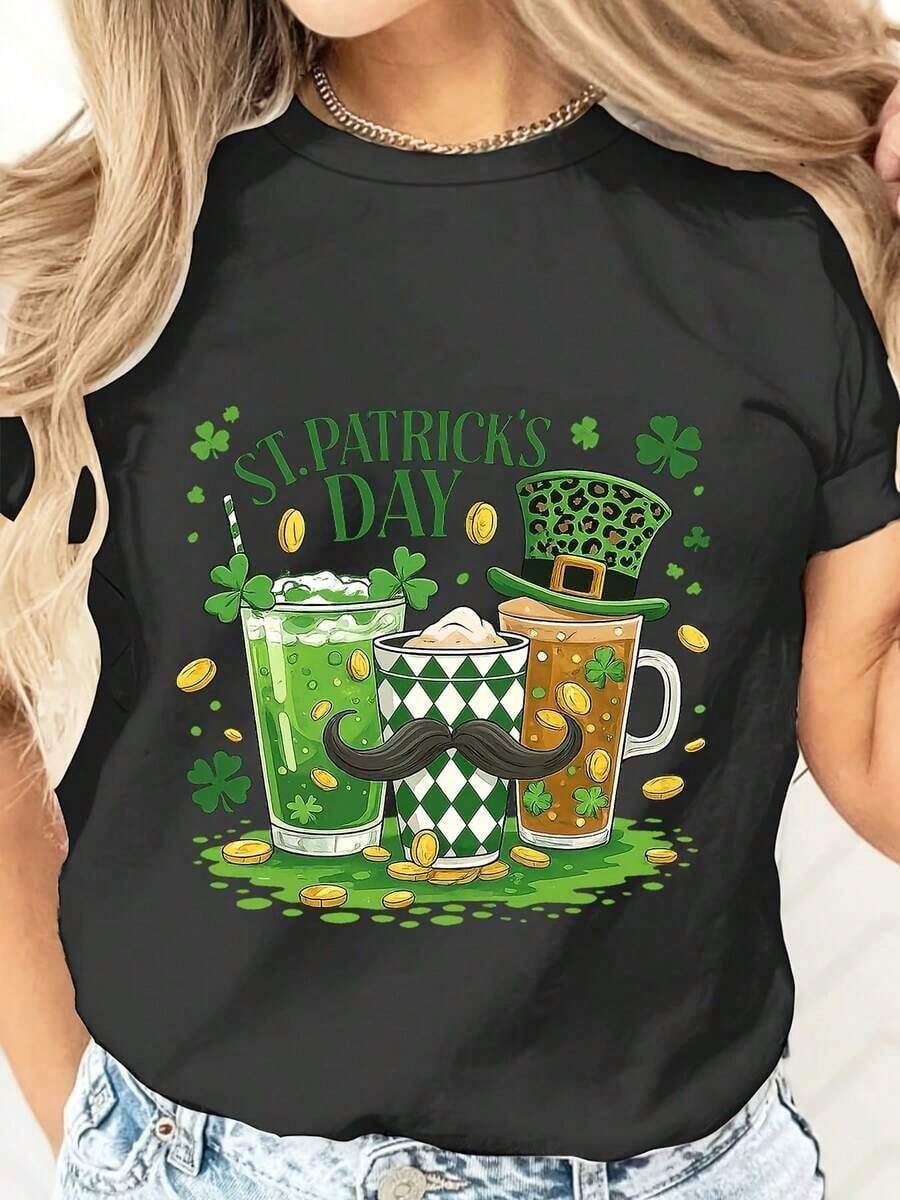 Women's T-Shirt For St. Patrick's Day, With Beer And Green Drink Design, Mustache And Shamrocks, Festive Party Outfit, New Arrivals, Women's Clothing, Gifts For Women - 黑色 - 查看 1