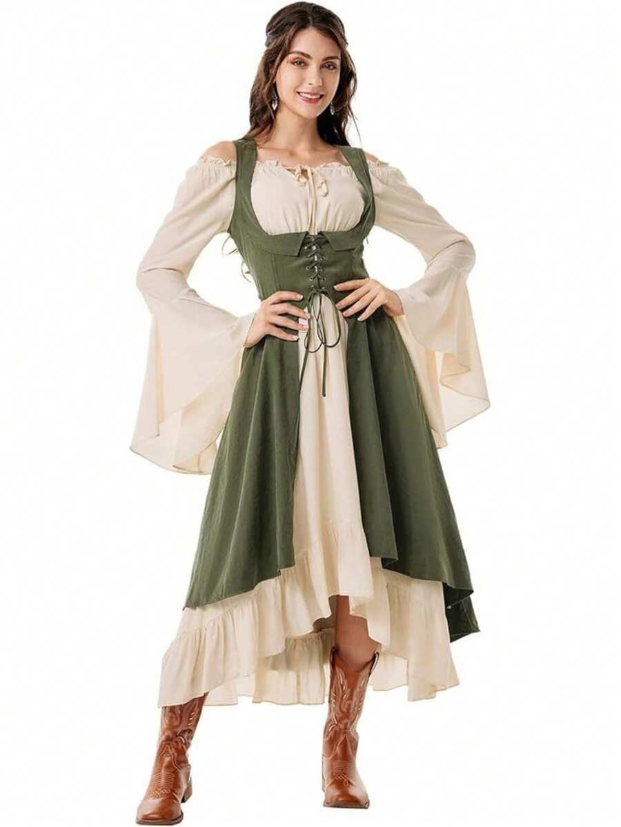 Women's Renaissance Peasant Dress, Pirate Style, Underbust Corset, Asymmetrical (High-Low) Skirt, With Pockets, Medieval Costume, Ideal For Renaissance Fairs, Theme Parties And Cosplay - 綠色 - 查看 1