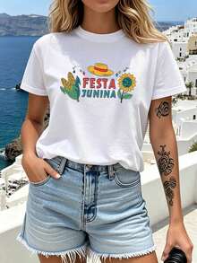 Mexican Women's Brazilian Festa Junina T-Shirt - Short Sleeve Crew Neck Top With Junina Letter Print & Suitable For Parties, Music Events, Vacations - Spring Summer Casual Blouse For Casual Attire, Machine Washable Non- Outfits - 白色 - 查看 7
