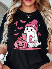 Women's Halloween T-Shirt With Pink Ribbon And Ghost Design For Breast Cancer Awareness - Cute Smiling Ghost With Bat Design And Pink Ribbon, Casual Short-Sleeve Crew Neck T-Shirt, Machine Washable And Suitable For All Seasons, Comfortable For Daily Wear And Theme Parties, With Fun Breast Cancer Awareness Motifs With Pink Ribbons And Pumpkins, Loose Fit, Medium Stretch Fabric, Fun And Supportive Casual Wear. - 黑色 - 查看 1