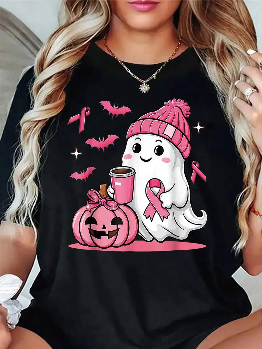 Women's Halloween T-Shirt With Pink Ribbon And Ghost Design For Breast Cancer Awareness - Cute Smiling Ghost With Bat Design And Pink Ribbon, Casual Short-Sleeve Crew Neck T-Shirt, Machine Washable And Suitable For All Seasons, Comfortable For Daily Wear And Theme Parties, With Fun Breast Cancer Awareness Motifs With Pink Ribbons And Pumpkins, Loose Fit, Medium Stretch Fabric, Fun And Supportive Casual Wear. - 黑色 - 查看 1