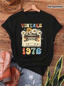 Y-1976 Vintage Daisy Tape, Camiseta con estampado de flores silvestres para el 50º cumpleaños Vintage Caste Tape de 1976, Top casual de manga corta y cuello redondo para verano y primavera, Ropa de mujer transpirable y cómoda. - Negro - Ver 1