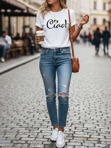 Women's Short-Sleeved T-Shirt In Sizes XS-XXL, With A Modern And Versatile Design For Summer Outdoor Wear, Made Of Breathable And Soft Materials With Heat Transfer Prints - 白色 - 查看 1