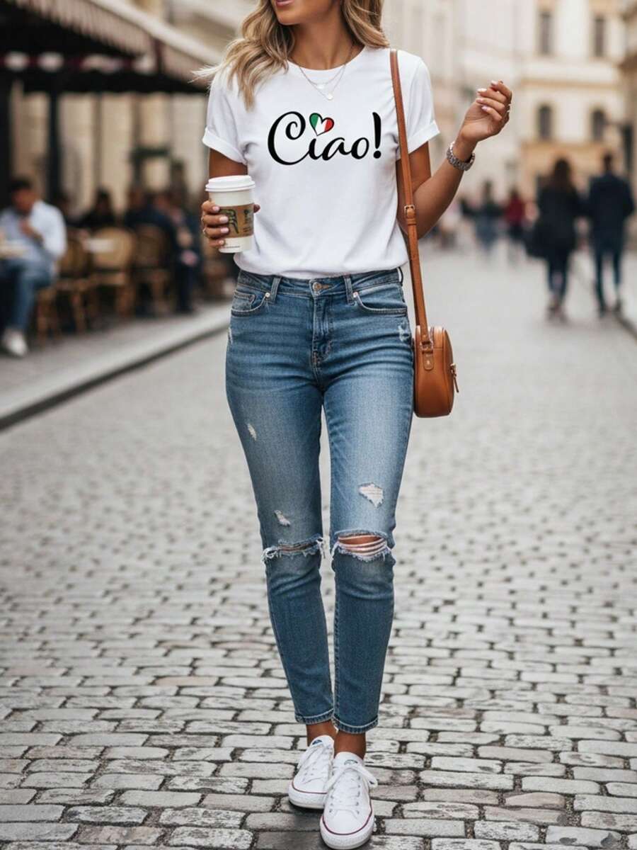 Women's Short-Sleeved T-Shirt In Sizes XS-XXL, With A Modern And Versatile Design For Summer Outdoor Wear, Made Of Breathable And Soft Materials With Heat Transfer Prints - 白色 - 查看 1