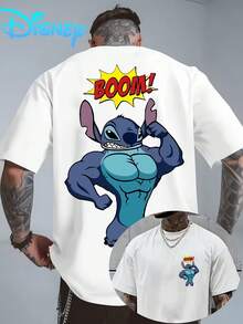 (Disney Licensed)Disney Lilo & Stitch "Muscle Stitch BOOM" Graphic Tee Men's Oversized Crew Neck Short Sleeve T-Shirt, Casual Streetwear With Funny Superhero Print, Comical Alien Loose Fit Casual Top, Mens Clothes, Men, Ropa De Hombre, Summer Clothes, Men Shirts, Graphic Tees, Disney Outfits Men, Graphic Tees, Camisetas Para Hombre, Camisas Para Hombre, Summer Outfits For Men, Father's Day Gift, Perfect Gift For Family And Friends, Which Are Necessary For Birthday Parties, Disney Shirts, Mens Clothes, Summer Clothes, Officially Licensed Disney T-Shirts, Disney Men's And Women's Spring/Summer Fashion Casual Short-Sleeve T-Shirts - White - View 1