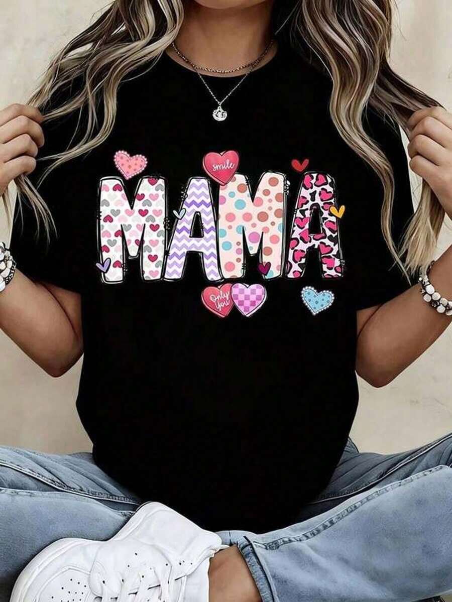 Women's T-Shirt With A Cute Heart Print, Casual Blouses For Ladies. Perfect As A Gift For Mother's Day And Birthdays. Casual And Versatile Style, Unisex Design, Made Of Soft And Comfortable Fabric. - 黑色 - 查看 1