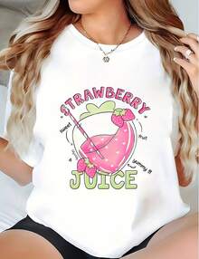 Women's T-Shirt With Simple And Versatile Design, 100% Strawberry Juice Print | Cute Strawberry And Lemon Slice Print, Combined With The Fun Inscription "Strawberry Juice", Breathable, Loose Fit, Short Sleeve Casual Summer T-Shirt, Suitable For Spring/Summer, Machine Washable - Cute Casual Cotton T-Shirt. - 白色 - 查看 7