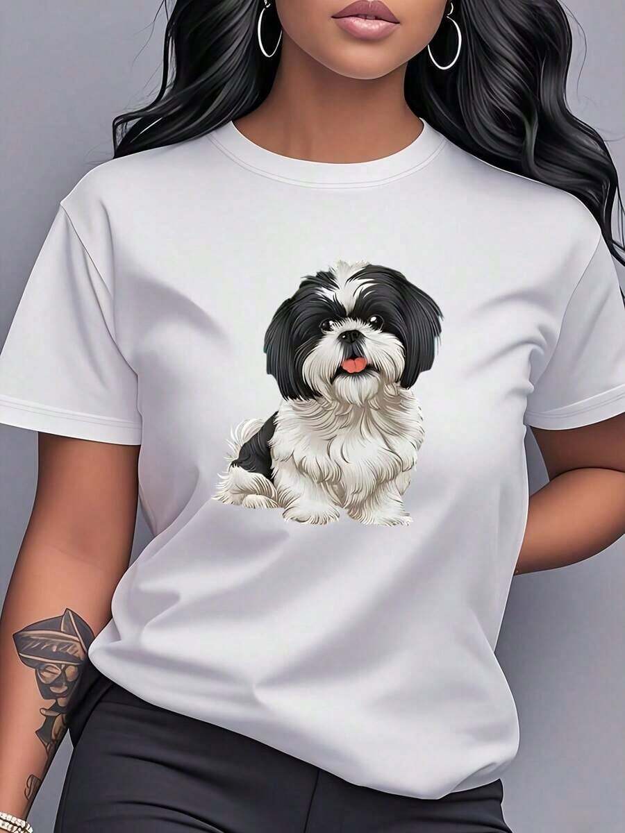 1 Piece Fashion Casual For Men And Women Shih Tzu Dog Print T-Shirt, Short Sleeve, Round Neck, Women's Clothing, Casual And Versatile, Modern And Fashionable, Suitable For Daily Wear, Dates, Casual Wear, And Home Wear. OB6L Is Versatile, Easy To Match, Suitable For Daily Wear, Urban Style, Vacation Outfits, And Weekend Wear. - 白色的 - 查看 1