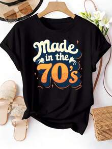 Camiseta Estampada para Mujer - Camiseta Casual de Manga Corta y Cuello Redondo Negra con Diseño Hecho en los 70's y Nudo. Con un Corte Relajado para Todas las Estaciones, la Elección Perfecta Tanto para el Uso Diario Como para tus Atuendos de Vacaciones (Lavable aáquina). - Negro - Ver 6