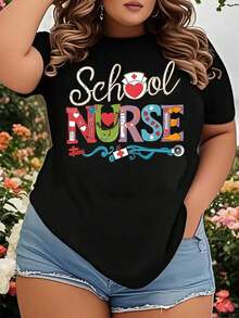 Women's T-Shirt, School Nurse T-Shirt For Women, Plus Size, Gift For Medical Workers, Professional Pride Clothing For Nurses With Fun Design And Colorful Lettering, Perfect For School Health Professionals - 黑色 - 查看 1