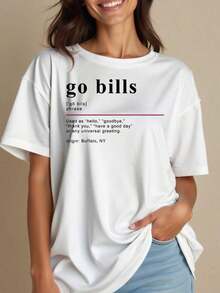 Women's Oversized Style Go Bills T-Shirt With Fun Design Celebrating The Buffalo Spirit With A Playful Interpretation Of The Phrase, Loose Fit Women's T-Shirt, Perfect For Christmas Parties Or As A Gift, Soft And Comfortable, Round Neck, 100% Cotton, Soft Fabric, Short Sleeve. - 白色 - 查看 2