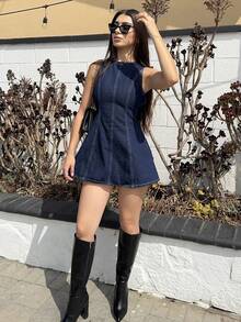 Vestido Vaquero Mini Azul con Espalda Descubierta para Mujer - Denim Casual Sexy con Lazo en la Espalda, Corte Ajustado y Falda con Volumen, Ideal para Verano - Azul - Ver 1