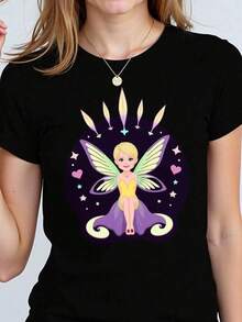 2026 new Camisetas Para Mujer Camiseta de diseño único con hada iluminada para mujer estilo casual en color negro y suave algodón. Perfecta para eventos temáticos o uso diario, disponible en tallas S, M, L, XL. Moda femenina popular en categoría camisetas. - Negro - Ver 6