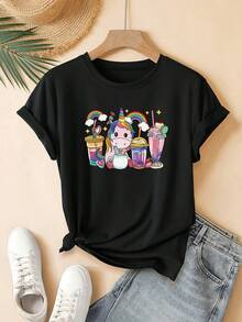 Women's T-Shirt With A Unicorn, Drink, Rainbow, And Cartoon Print Design-Modern, Cheerful, And Cute. This Short-Sleeved, Crew-Neck T-Shirt For Young Women Is Machine Washable And Suitable For Everyday Casual Streetwear. It Makes An Ideal Gift And Is Perfect For Home, Office, And Other Occasions. - 黑色 - 查看 1