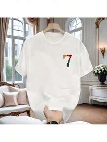 Fashionable Short-Sleeved T-Shirt For Men And Women, Sporty And Casual, With A Round Neck And A Heat-Transferred "7" Print. Made From 100% Pure Cotton Knit Fabric, Suitable For Everyday Casual Wear And Outdoor Sports In The Summer. - 白色 - 查看 1