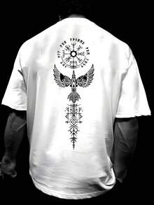Men's T-Shirt With Totem Print, Youthful And Modern T-Shirt, New For Autumn, Fashionable Men's Clothing, Round Neck T-Shirt With Slightly Dropped Shoulders. - 白色 - 查看 1