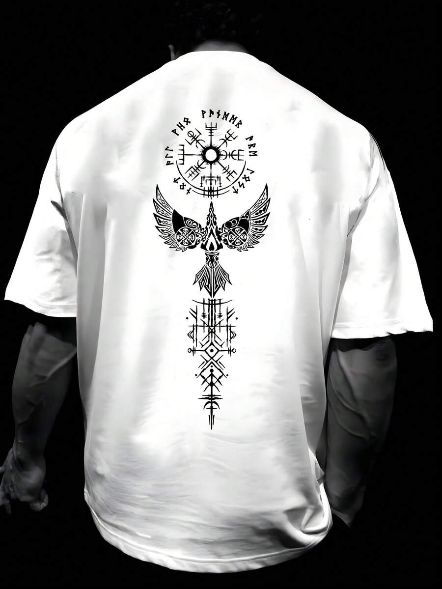 Men's T-Shirt With Totem Print, Youthful And Modern T-Shirt, New For Autumn, Fashionable Men's Clothing, Round Neck T-Shirt With Slightly Dropped Shoulders. - 白色 - 查看 1