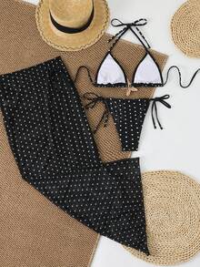 Bộ bikini 3 mảnh chấm bi đen trắng gồm áo tam giác buộc dây cổ, quần buộc dây bên hông và khăn choàng lưới che ngoài, thích hợp mặc đi biển. - Nhiều màu - Xem 3
