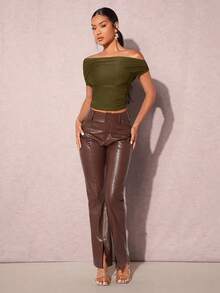 Top De Mujer Ajustado Delgado Con Hombros Descubiertos - Verde militar - Ver 4