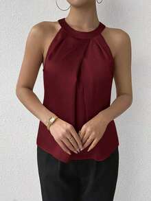 Privé Blusa de satén sin mangas con cuello de volantes de unicolor elegante para la oficina y el trabajo, color champán - Burdeos - Ver 3