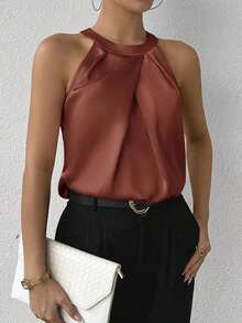 Privé Blusa de satén sin mangas con cuello de volantes de unicolor elegante para la oficina y el trabajo, color champán - Óxido marrón - Ver 3