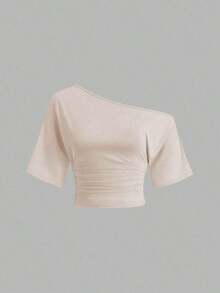 1 Set Camiseta de 3 piezas con hombros oblicuos, fruncidos y recogidos para mujer - Multicolor - Ver 3
