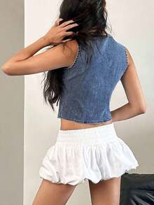 ICON Camisa vaquera sin mangas, con frente abierto y cordones, de estilo casual lavado, para mujer - Azul lavado oscuro - Ver 2