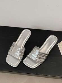 manjingfu Ladies' Casual Thick-Heeled Sandals Feature An Asymmetric Pleated Design, Paired With Open-Toe High-Heeled Slippers; Anti-Slip Slippers, - Black - View 1