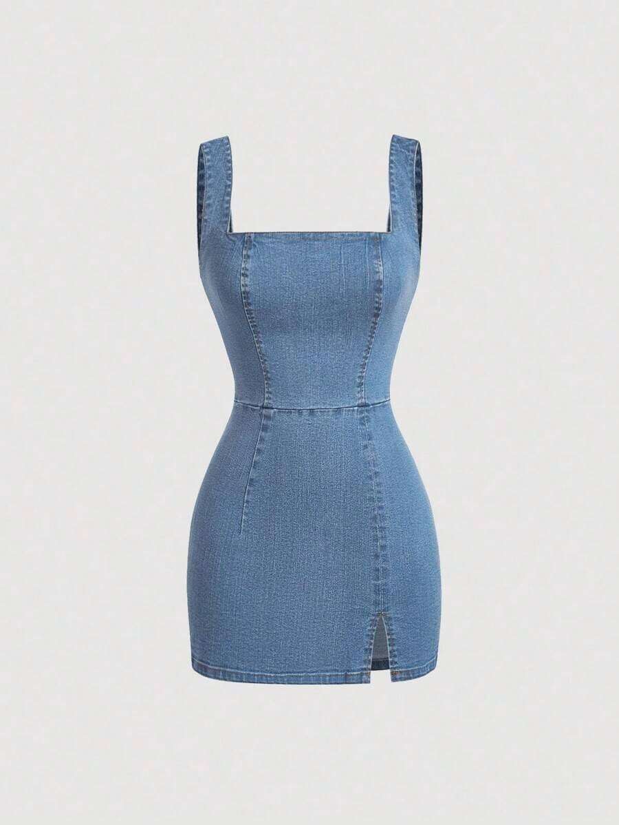 MOD Vestido de mezclilla de Body con cuello cuadrado y abertura, para moda de verano de mujeres - Lavado ligero - Ver 1