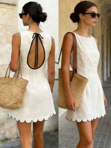 Vestido casual sin mangas con cuello redondo y espalda descubierta con lazo para mujer - Albaricoque - Ver 5
